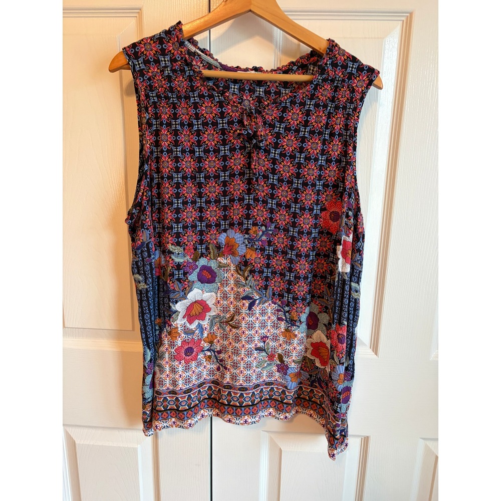 Westport Womens 1X Floral Geometric Mixed Print Sleeveless Blouse Navy Red Top